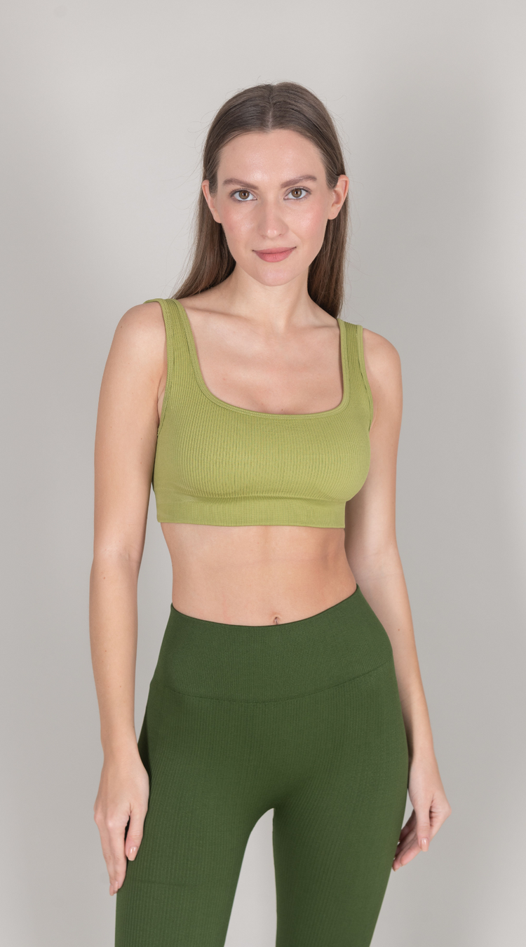 Ribbed V Back Bra - Green Olive