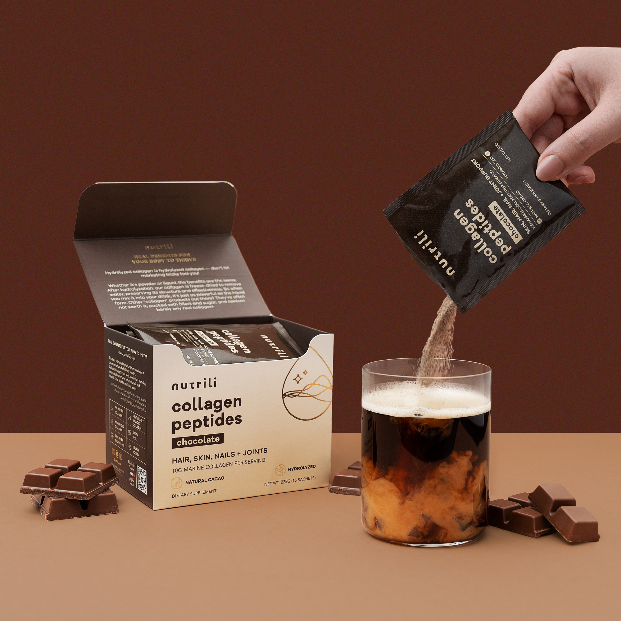 Chocolate collagen supplement in a jar