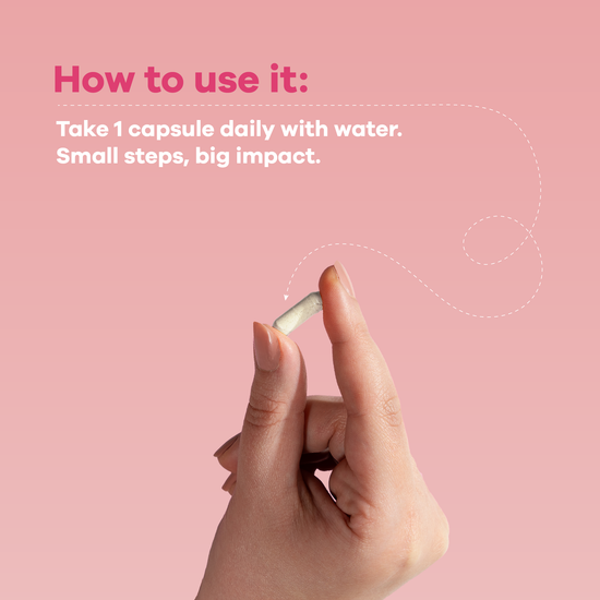 Hand holding a capsule with text on how to use it women's probiotics on a pink background