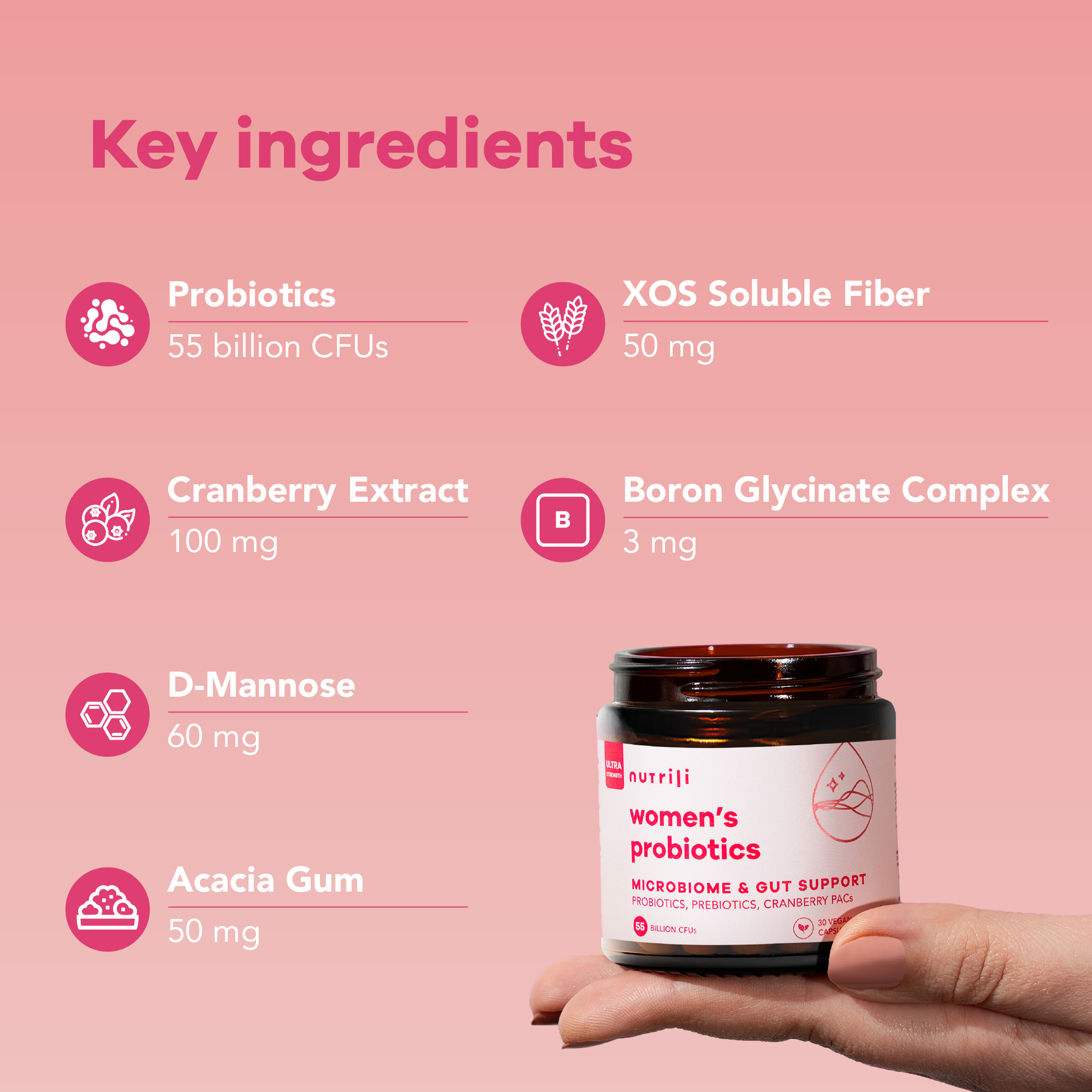 Nutrili women's probiotics jar with key ingredients listed on a pink background