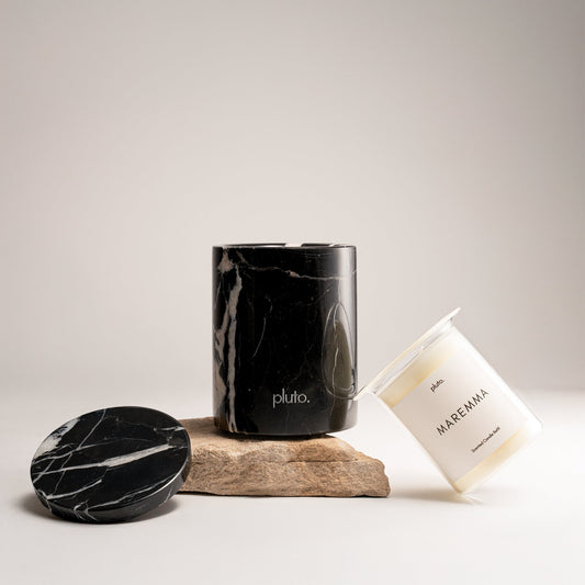 Black Marquina marble candle jar with refillable candle insert, home decor statement