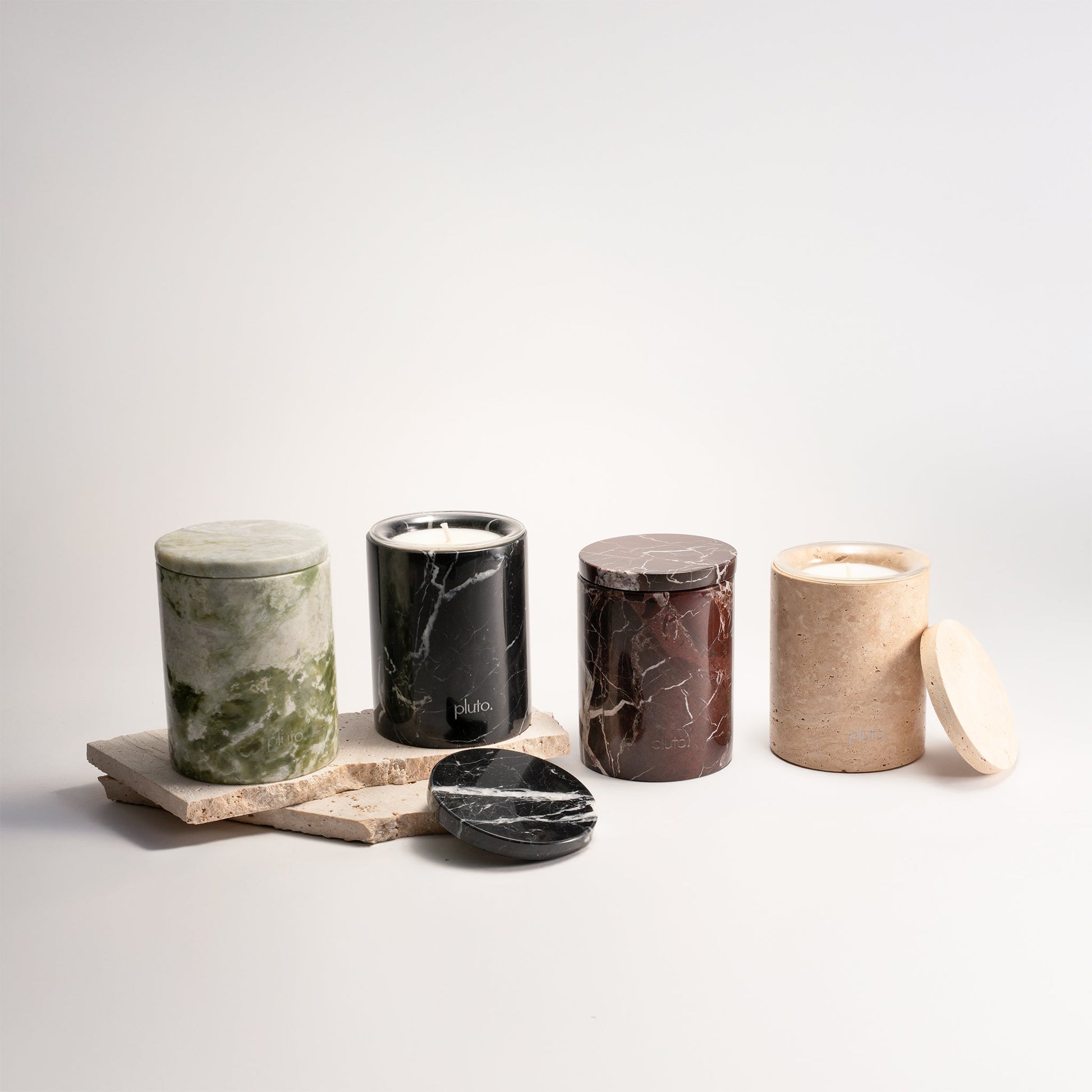 Marbea collection, marble candle vessels with refillable soy wax candles, sustainable and luxury home decor