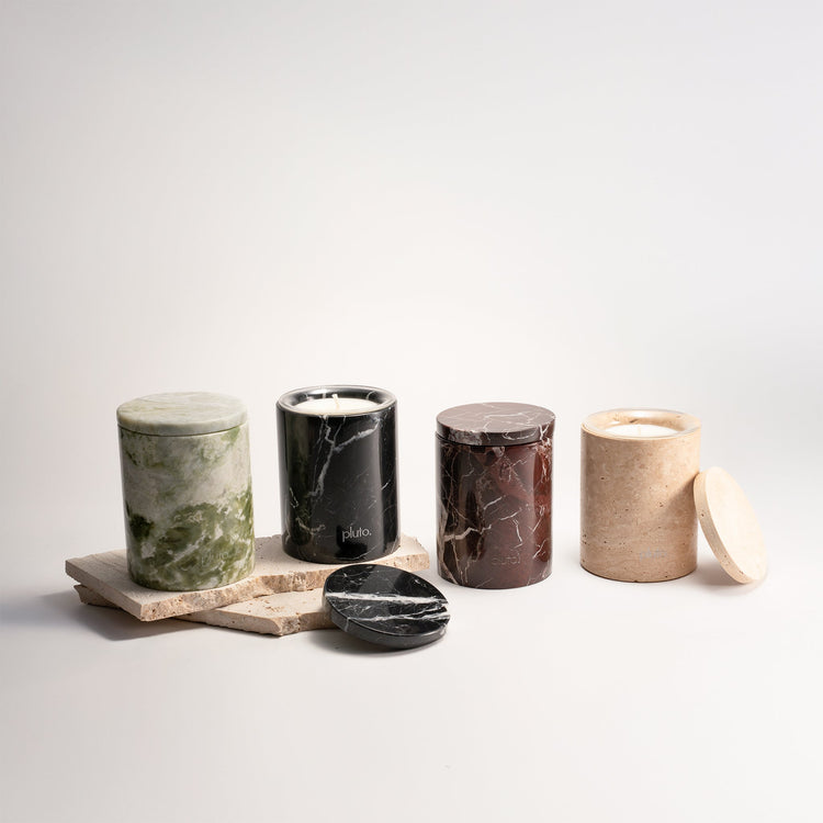 Marbea collection, marble candle vessels with refillable soy wax candles, sustainable and luxury home decor