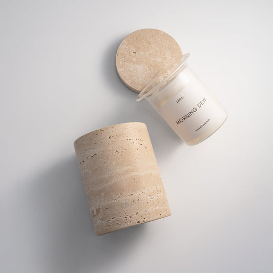 Travertine marble candle jars with refillable soy wax candle, hanpoured and made in dubai