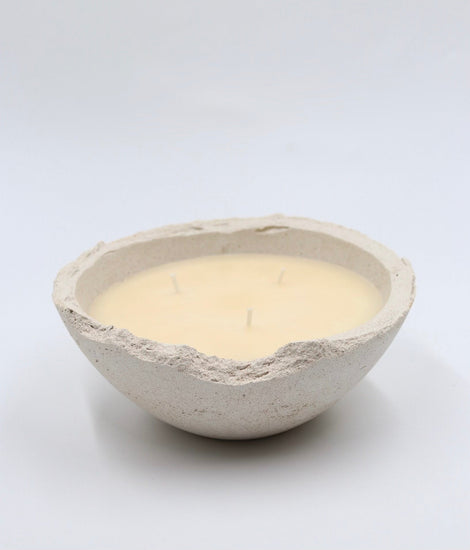 Non toxic and sustainable scented soy wax bowl candle in handmade concrete Eries vessel