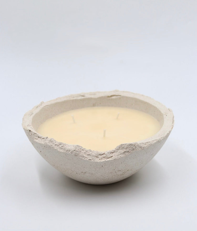 Non toxic and sustainable scented soy wax bowl candle in handmade concrete Eries vessel