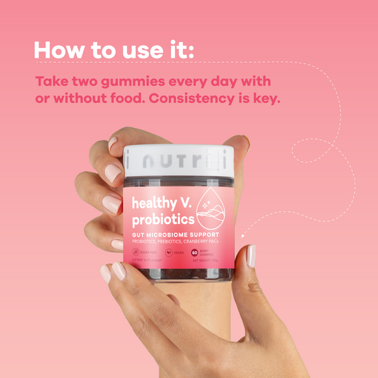 Women’s health probiotic capsules on a white background